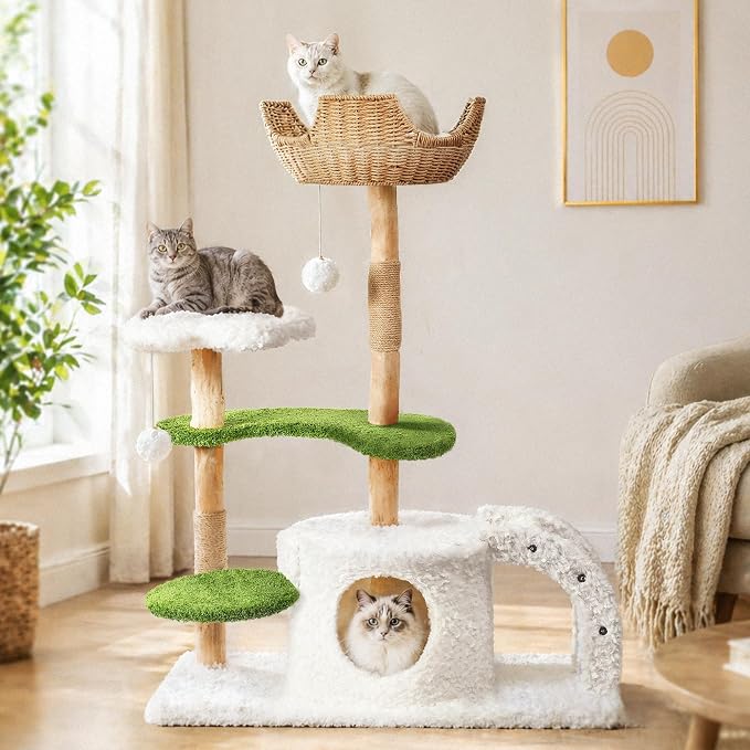 Easyego Modern Cat Tree, 45.6" Aesthetic Wood Cat Tree Tower for Large Cats, Luxury Cat Condo with Scratching Posts and Flower Platforms, Cat Furniture, White&Green