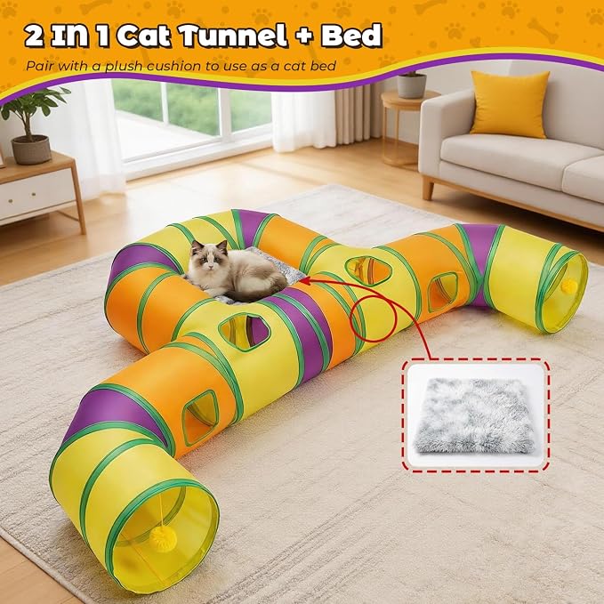 Cat Tunnel for Indoor Cats Large, Collapsible Cat Playhouse Pet Play Tunnel Tube Maze with Hanging Pom-Poms and Interactive Holes for Kitten, Kitty, Puppy, Rabbits, Ferret, Guinea Pig