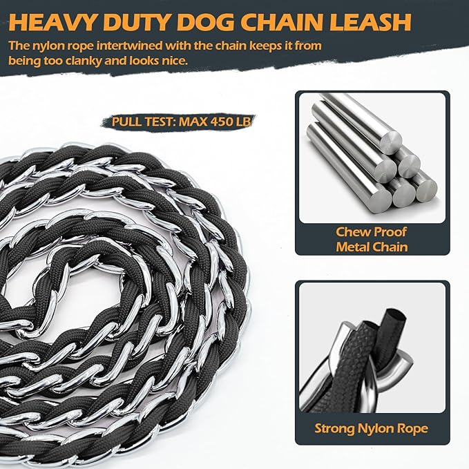 Chain Dog Leash Chew Proof Metal Leash for Medium Large Dogs, Chain Link Dog Anti Chew 5.2FT / 4FT Strong Anti Bite Comfortable Soft Padded Handle (Black, 5FT(80-150lb))