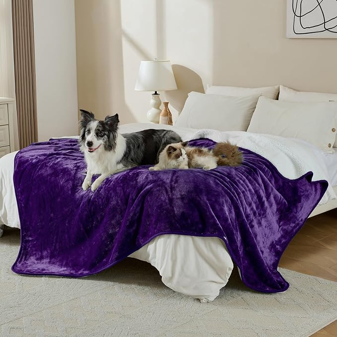 Waterproof Blanket for Bed Couch Sofa, Soft Liquid Pee Proof Pet Blanket for Dog Puppy Cat, Reversible Sherpa Fleece Furniture Protector (Dark Purple, 50x60 inches)