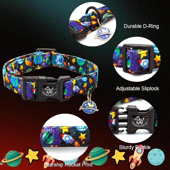 Elegant little tail Dog Collar-Cute Pet Dog Collar Blue Star Rocket Print Cotton Soft Girl Puppy Adjustable Pet Collars for Small Medium Large Dogs