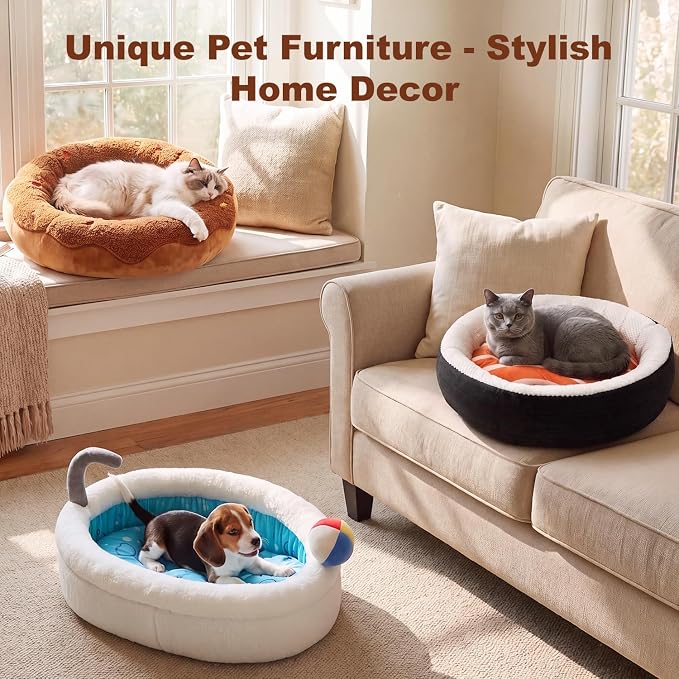 Donut Cat Bed for Indoor Cats, 21" Washable Round Pet Bed for Cats & Small Dogs, Soft Fluffy Plush Calming Bed for Kitten and Puppy with Anti-Slip Base