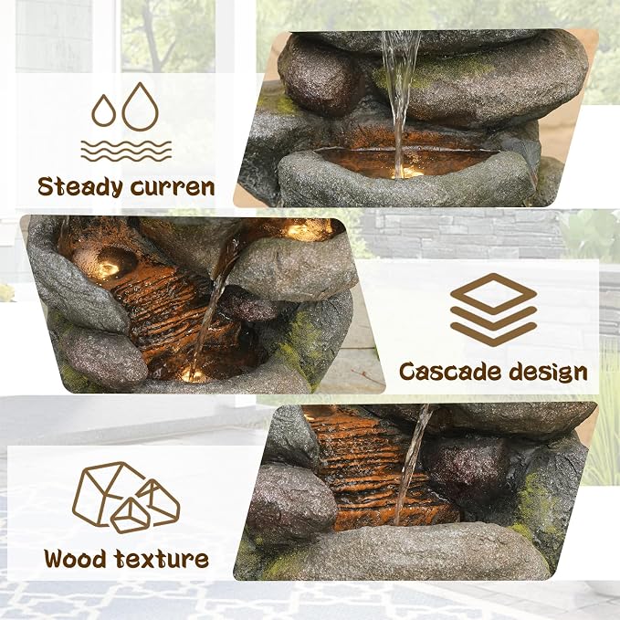 Sunlinua 28.6" H Outdoor Water Fountain with 4 Tiers Cascading Realistic Rock Waterfall Fountains with LED Lights Outdoor Water Fountain for Garden Patio Backyard Porch Home Decor