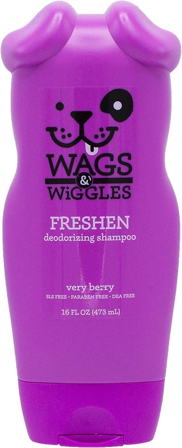 Wags & Wiggles Freshen Deodorizing Dog Shampoo, Very Berry Scent - Odor-Eliminating Dog Shampoo with Tea Tree Oil and Safflower for Smelly Dogs, Paraben Free, 16 Fl Oz