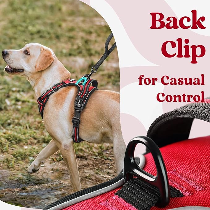 rabbitgoo Dog Harness for Large, No Pull Easy On & Off with 3 Buckles Pet Harness, Adjustable Soft Walking Vest with 2 Clips and Handle, Reflective for Large Dogs, Red, L