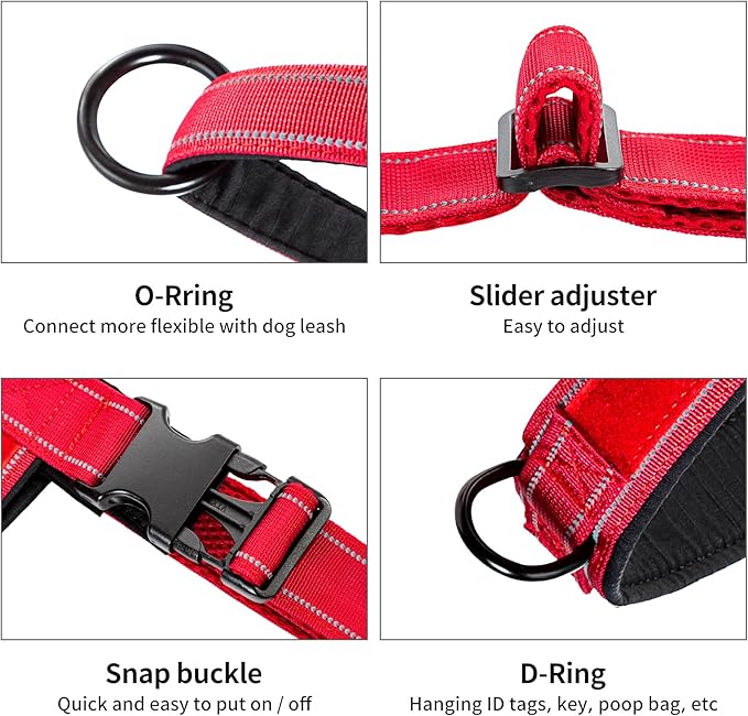 Annchwool No Pull Dog Harness with Padded Handle+5 Ft Leash,Reflective Strip Escape Proof and Quick Fit to Adjust Dog Harness,Easy for Training Walking for Small & Medium and Large Dog(Red-Set,M)