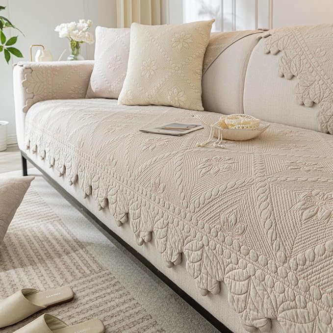 Cotton Quilted Dog Couch Cover for Sofa Farmhouse Rustic Embroidery Sectional Couch Cover Soft Anti-Slip Sofa Slipcover Furniture Protector for Kids, Pets (Khaki,43"x63")