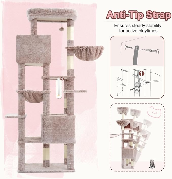 Heybly Cat Tree, 76-Inch Tall Heavy Duty Cat Tower for Big Cats with Extra Wide Baseboard, Multi-Level Large Cat Furniture with 2 Condos & 2 Hammocks, 10 Scratching Posts, Muchroom HCT039MU