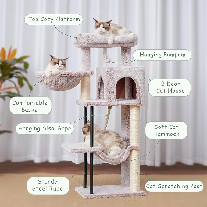 Gitelsnour Cat Tree, Cat Tower for Indoor Cats, 43.3 inch Cat Tree Tower with Sturdy Steel Tube, Cat Hammock, Cat Condo for Small Cats and Kittens, Cat Scratching Post, Muchroom GCT004SMU