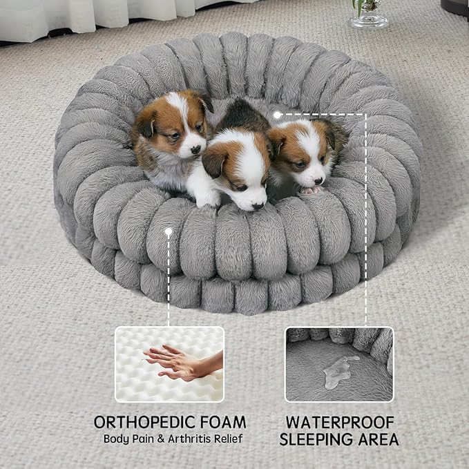 BALANCE Luxury Donut Dog Bed, 24 Inches Round Dog Beds for Small Dogs Washable, Orthopedic Calming Pet Bed for Puppy and Cats with Anti-Slip Bottom (Gray)