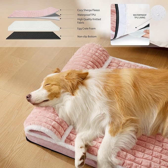 Orthopedic Dog Bed Large Sized Dog with Pillow 36''X24'', Waterproof Soft Comfortable Egg Crate Foam Pet Crate Beds Mat with Removable Washable Cover and Non-Slip Bottom, Pink