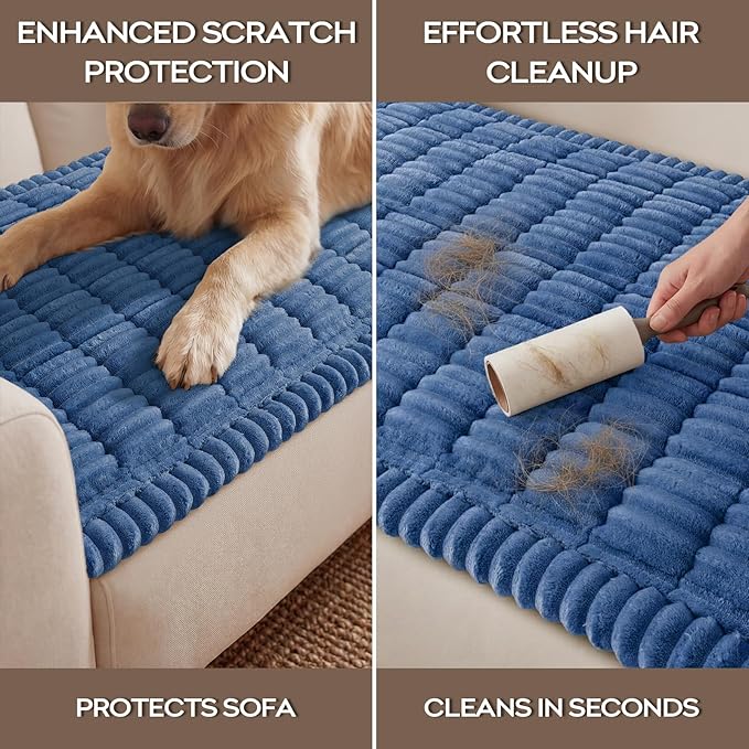 decorUhome Non-Slip Fuzzy Couch Cover for Dogs, Soft Thick Washable Pet-Friendly Protector, Sofa Slipcover for 2 Cushion Sofa/Loveseat, Navy Blue, 27.6" x 59"