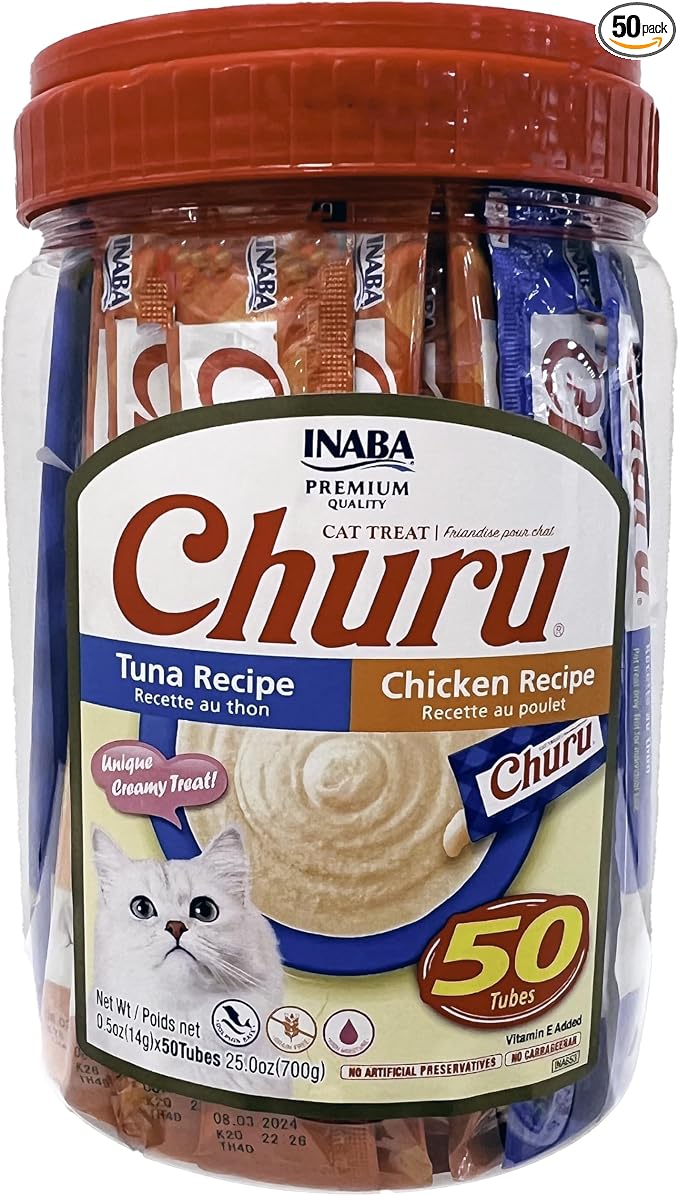 INABA Churu Lickable Grain-Free Purée Cat Treats, 25 Tuna & 25 Chicken | Grain-Free, Lickable, Squeezable Creamy Purée, Treat/Topper