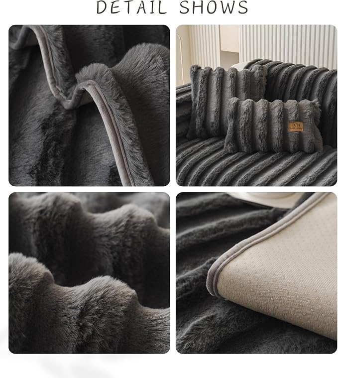 Fuzzy Rabbit Plush Sofa Cover Thick Soft Fur Sectional Couch Cover Furry Fluffy Cushion Cover Non-Slip Sofa Slipcovers Vertical Stripe Furniture Protector for Dogs Cats(Dark Grey,36"x47")