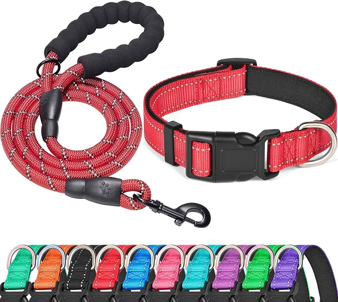 Ladoogo Reflective Dog Collar Padded with Soft Neoprene Breathable Adjustable Nylon Dog Collars for Small Medium Large Dogs (Large (Pack of 1), Red Collar+Leash)