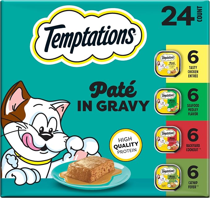 Temptations Pate in Gravy Adult Wet Cat Food Tasty Chicken Entree, Seafood Medley, Backyard Cookout, and Catnip Fever, 3.5 oz. Trays (24 Count, Pack of 1)