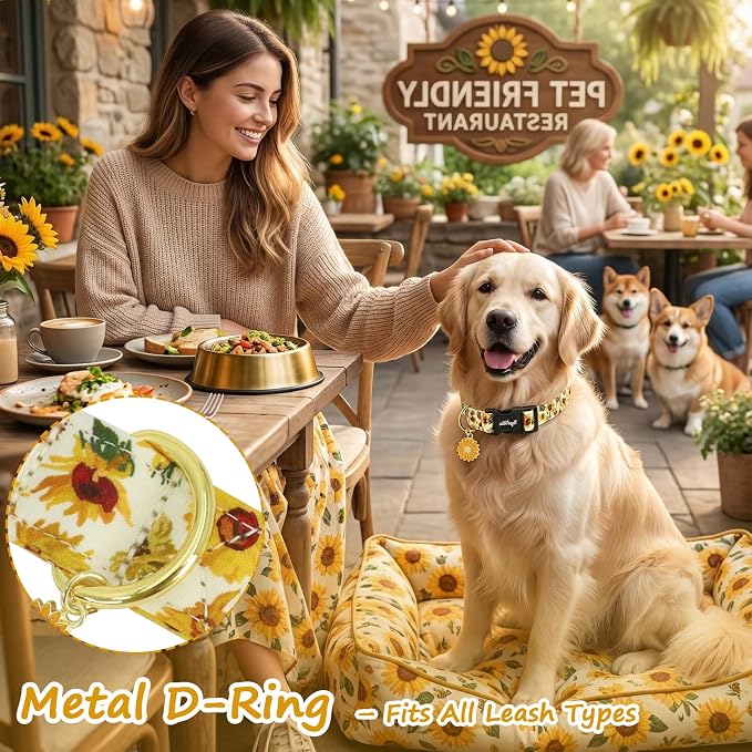 Dog Collar with Sunflower Patterns, Spring Summer Collection Yellow Dog Collar with Exquisite Pendant, Durable Adjustable Collars for Gifts & Daily Use-S