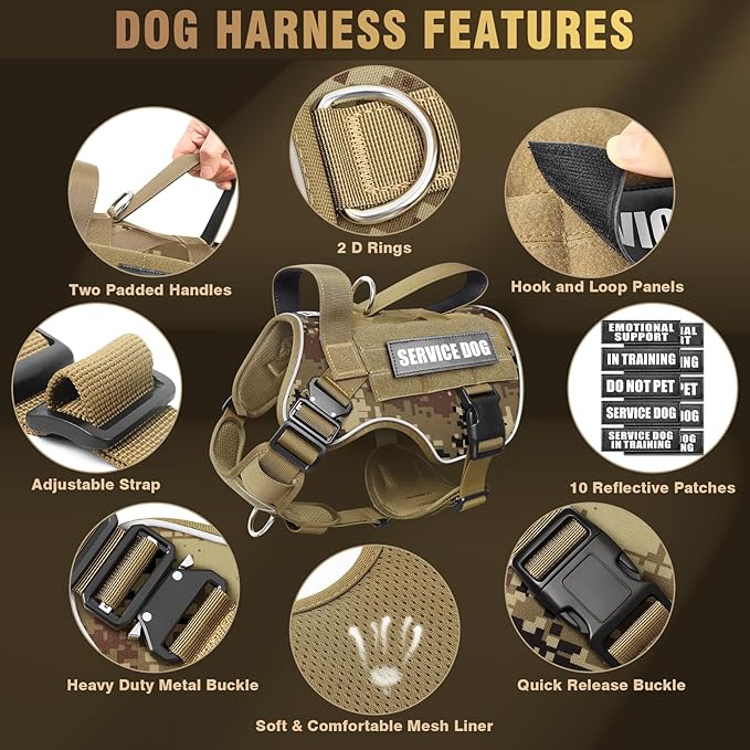 WINSEE Tactical Dog Harness for Medium Dog, Heavy Duty Service Working MOLLE Vest with 10 Pet Patches, 2X Metal Buckle Vest for Training Hunting Walking