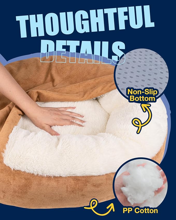 Pet Soft Small Dog Bed Cat Bed with Cover Cave - Round Calming Dog Beds Washable Cuddler Puppy Beds for Small, Medium Dogs and Cats (Khaki, 30")