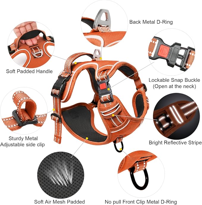 Timos Dog Harness Large Sized, No Pull Pet Harness with Neck Lockable Snap, No Choke Front Clip Reflective Vest, Adjustable Metal Rings 3 Buckles, Easy Control Handle for Large Dogs Pumpkin Orange L
