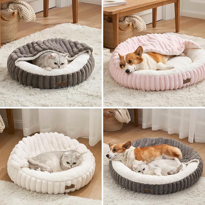 Dog Bed with Hooded Blanket, Round Fluffy Anti-Anxiety Pet Bed for Small Dogs & Medium Dogs, Cozy Donut Cuddler with Machine Washable Faux Fur & Anti-Slip Bottom(26"×26"×7",Grey)