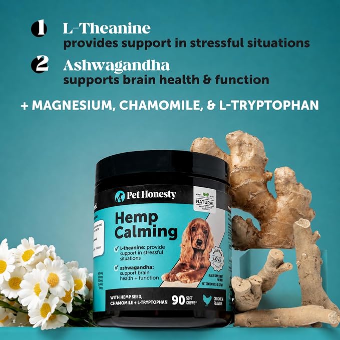 Natural Hemp Dog Calming Chews for Occasional Anxiousness & Stress - Calming Treats for Thunderstorms, Fireworks, Separation & Travel - with Ashwagandha, L-Theanine, Valerian Root (Chicken, 90 Ct)