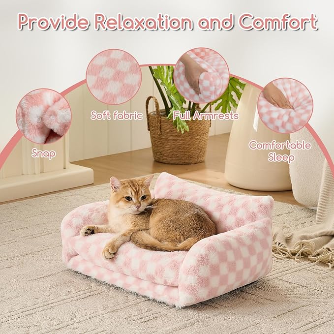 Hollypet Cat Bed Fluffy Plush Multifunctional Double-Layer Machine Washable Soft Warming Kitty Pet Couch Orthopedic Nest Beds for Small Cats Kitten and Dogs up to 13lbs, Pink and White(21x15x8 inch)