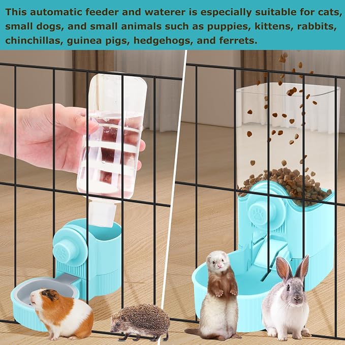 GPY Automatic Hanging Gravity Pet Feeder and Water Dispenser Set ，Automatic Rabbit Feeder and Dog Water Dispenser for Dogs Cats Pets Animals Large Capacity (Blue Water Feeder&Food Feeder) (Blue)