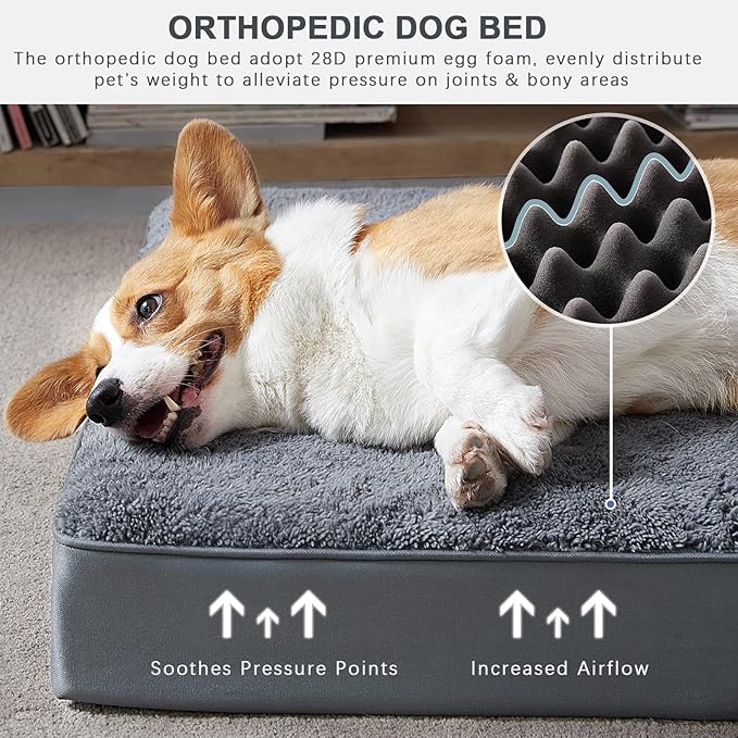 Waterproof Dog Beds for Small Dogs Orthopedic Dog Beds for Crate with Removable Washable Cover Egg-Crate Foam Pet Pad Mat with Anti-Slip Bottom, 29x18 Inch, Grey