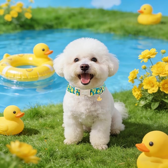 Maca Bates Cute Dog Collar with Rubber Duck Charm for Extra Large Girl Boy Dogs, Green Yellow Ducks Pattern,Adjustable Durable Soft Collars for Male Female Puppy