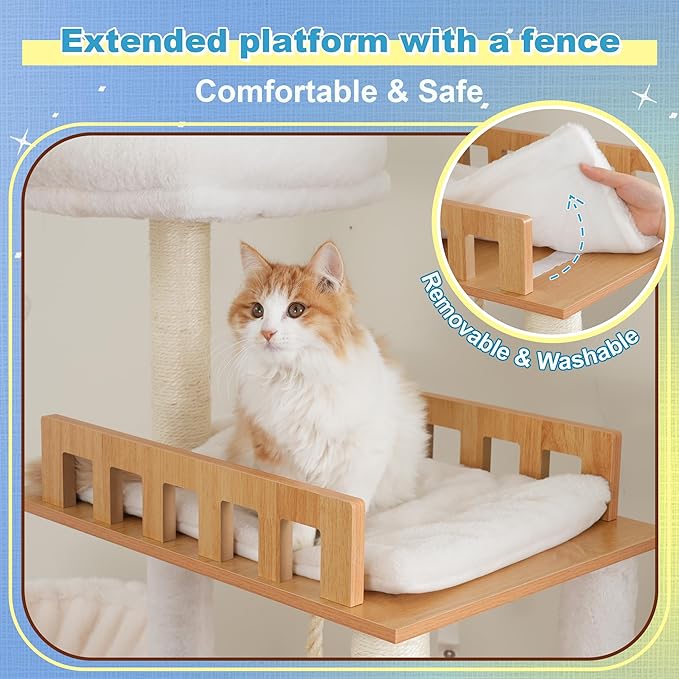 Hey-brother Wooden Cat Tree, 69.7 inch Cats Furniture Tower with Large Platforms, Hammocks, Spacious Condo, Full Sisal Scratching Posts, Ladder, Brush, Water Proof Surface, Walnut MPJ121WB