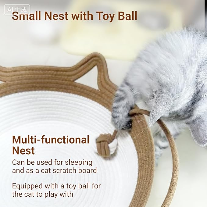 Instinct Basket for Cats & Cotton pad Stimuli Cat Bed with Toy Tail Cats Ear Design Breathable All Season Universal Scratch-Resistant (Caramel Color, M)