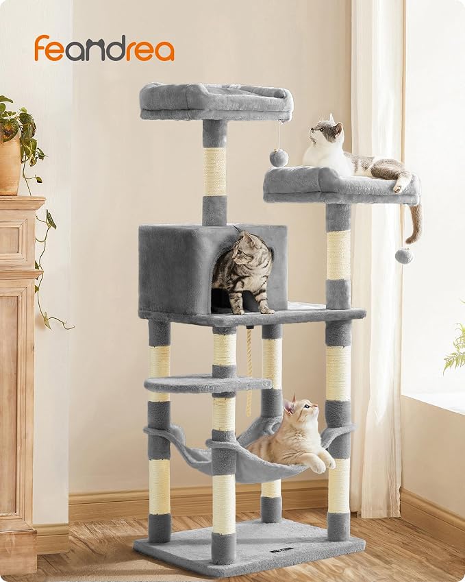 Feandrea Cat Tree, 55.8-Inch Cat Tower, Multi-Level Plush Condo with 11 Scratching Posts, 2 Perches, Hammock, Cave, Light Gray UPCT15W