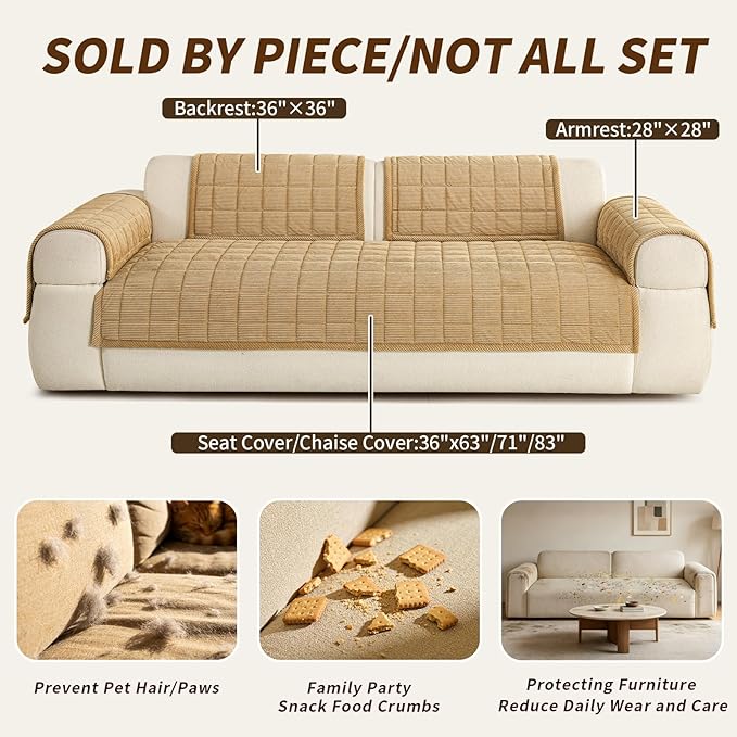 Velvet Couch Covers for Sectional Sofa Washable, Non-Slip L Shaped Sectional Couch Cover, Soft Pet Couch Covers for Sofa, Furniture Slipcovers for 3 Cushion Couch(1PC,35"x83",Light Brown)