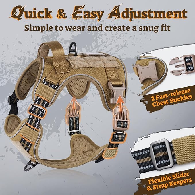 rabbitgoo Tactical Dog Harness for Small Dogs No Pull Adjustable Military Vest with Handle MOLLE Reflective Heavy Duty Dog Vest for Walking Training Hunting Outdoor Working Medium Size Dog Brown S