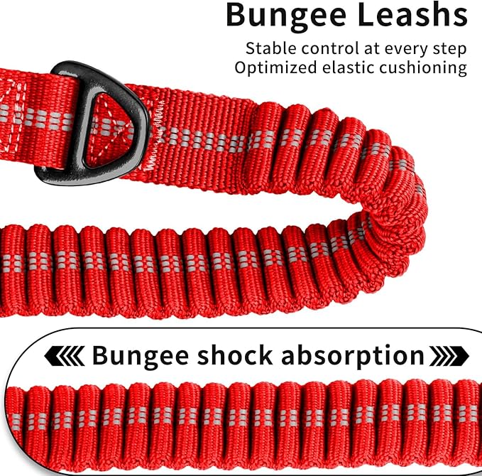 Heavy Duty Tactical Dog Leash, 4-6FT Shock Absorbing Bungee Lead with 2 Padded Handles, Metal Carabiner & Seatbelt Clip, Reflective No-Pull Leash for Medium/Large Dogs (Red)