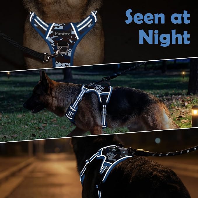 Funfox Dog Harness No Pull, Adjustable Pet Vest Harness, Super Soft Material with Vertical Handle Easy Control, Reflective Night Walking, 2 Leash Clips for Large Dogs, Mosaic Blue, L