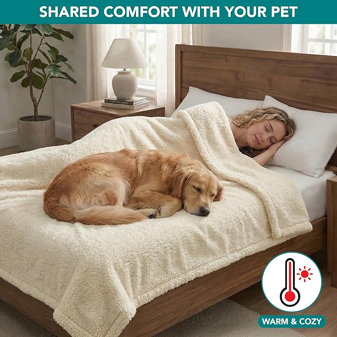 PetAmi Fluffy Waterproof Dog Blanket for Couch and Bed, Reversible Sherpa Pet Throw, Pee Proof Furniture Protector Sofa Cover, Washable Cat Blanket for Medium Large Dogs and Cats (Beige Cream, 60x80)