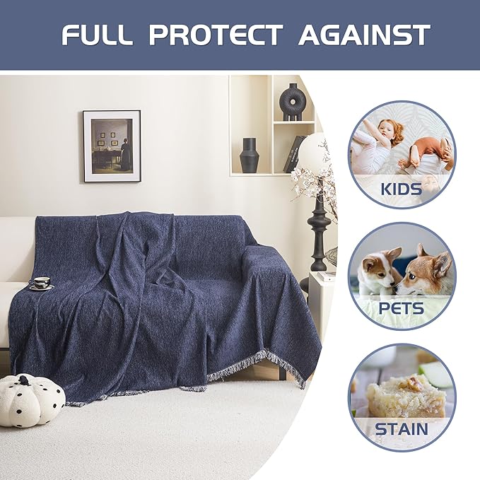 MEETSKY Navy Blue Couch Cover Sectional Sofa Covers Washable Couch Cover Sofa Throw Cover X-Large Sofa Slipcover for Reclining Multi-Use Decorative Couch Protector for Pets, 71" x 118",Navy