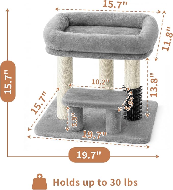Heybly Cat Scratching Post, Small Cat Tree Tower with 3 Full Sisal Posts, Removable Plush Bed, Grooming Brush, Stable & Space-Saving Cat Furniture with Gentle Step for Indoor Cats, Light Gray HSP001SW