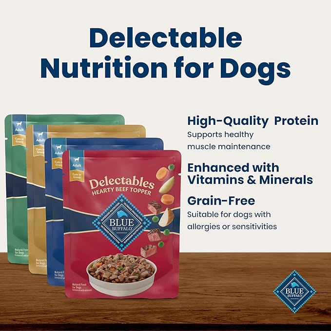 Blue Buffalo Delectables Variety Pack Natural Wet Dog Food Topper (Chicken, Beef, Turkey & Lamb) in Gravy with Natural Ingredients, Vitamins & Minerals, 3-oz. Each (24 Pouches)