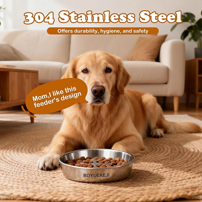 BOYUEKEJI Stainless Steel Slow Feeder Dog Bowl, 304 Grade MetalPet Food Bowl, Teddy Cat Design Insert, Healthy Feeding Solution for Dogs, Cats