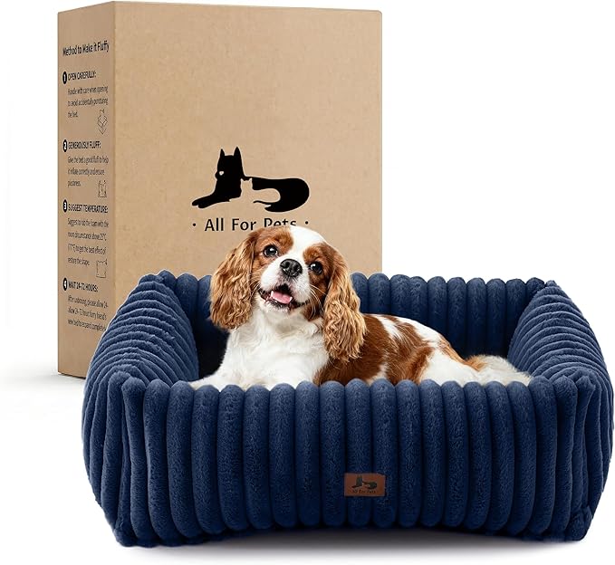 Washable Dog Bed Small Medium Size Dog, Rectangle Orthopedic Pet Bed for Car and Indoor,Fluffy Memory Foam Dog Beds with Anti-Slip Bottom,25 x21 x8 Inches,Navy