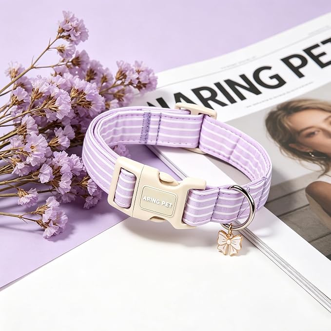ARING PET Stripe Dog Collar, Cute Spring Summer Purple Stripe Pet Collars with Bow Charm for Puppy Small Medium Large Boy Girl Dogs, for Daily Outdoor Walking Beach Stroll-M
