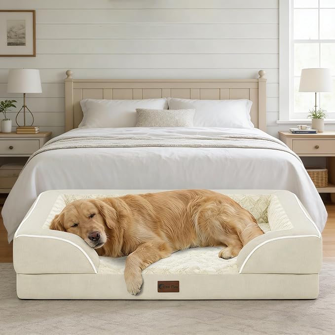 Orthopedic Dog Beds for Large Sized Dogs 36x27 Inch, Waterproof Egg Crate Foam Dog Sofa Bed with Removable Washable Cover Big Pet Couch with Bolster & Non-Slip Bottom, Beige