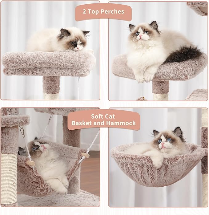 Gitelsnour Cat Tree for Indoor Cats, 71'' (180cm) Multi-Level Cat Tower for Large Adult, Sturdy Cat Tree House with 2 Scratching Boards 7 Posts, 2 Plush Perches/Condos, Hammock, Muchroom GCT032MU