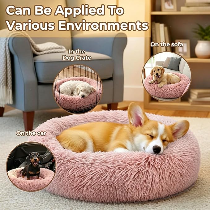 Calming Anti-Anxiety Donuts Dog And Cat Bed, Round Fluffy Soft Washable Small Medium Pet Bed For Puppy And Kitten, Cuddler Warming Comfortable Luxury Anti-Slip Waterproof Mute Base 24in Pink