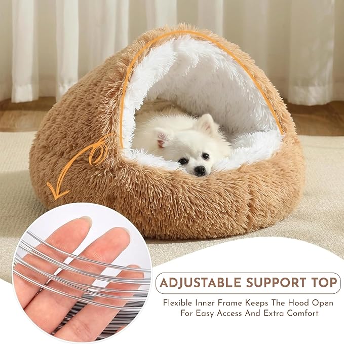 Calming Plush Dog Bed, Hooded Cave Style, PP Cotton Filling, for Small and Medium Pets (Brown, Small)