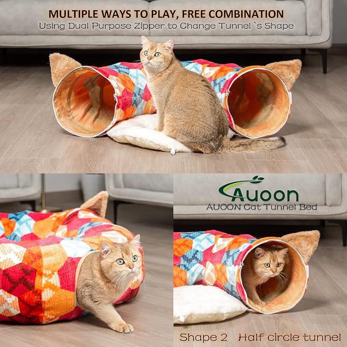 AUOON Cat Tunnel Bed for Indoor Cats - Large Cat Donut Tunnel with Hanging Ball Toy, Collapsible 2-in-1 Multifunctional Interactive Cat Toy for Kitten, Puppy, Rabbit, Ferret (Orange)
