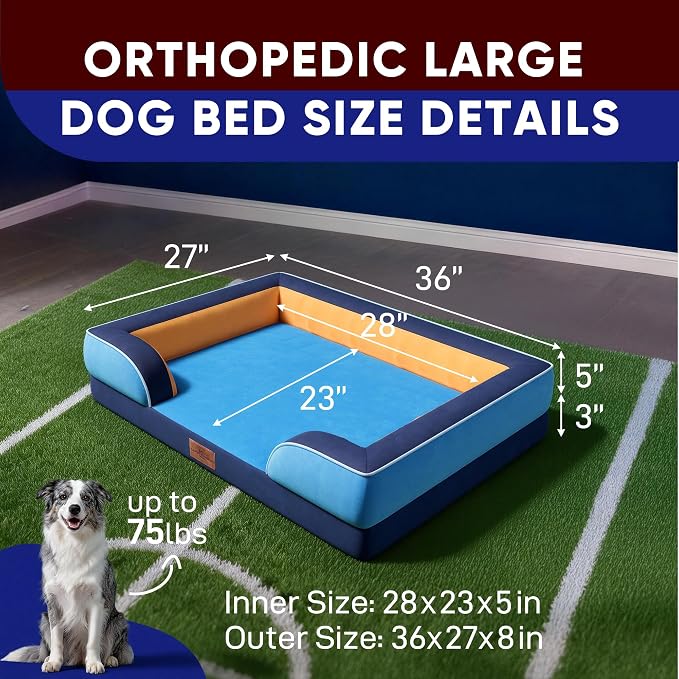 Comfort Expression Orthopedic Dog Bed for Large Dogs 36x27 Inch, Waterproof Egg Crate Foam Large Pet Bed with Bolsters, Dog Couch with Washable Cover & Non-Slip Bottom, Houston